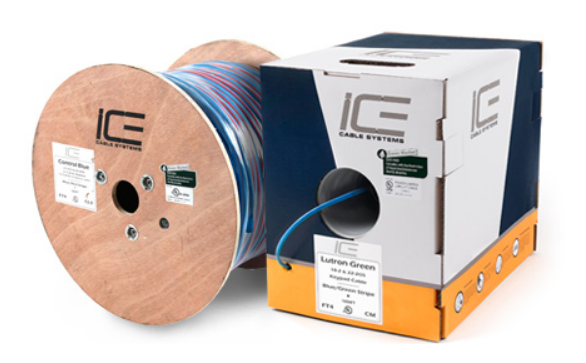 Lutron 22-2 shielded drain cable and 16-2 plenum cable spool with ICE packaging box