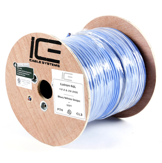 Wooden spool of Lutron 46L blue and white striped network cabling with 500 feet of structured cable for data center installa…