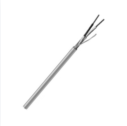 Gray shielded 8-conductor 22 AWG stranded cable with black connectors on white background