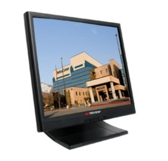 TRIVIEW X Series 600 TVL 15-inch LCD CCTV monitor with black frame displaying building exterior on screen