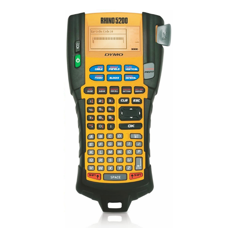 DYMO Rhino 5200 professional label printer with yellow and black hard case kit, featuring full QWERTY keyboard and LCD displ…