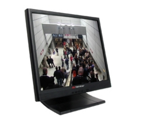 TRIVIEW X Series 600 TVL 17-inch LCD CCTV monitor displaying overhead security camera feed of crowded indoor corridor