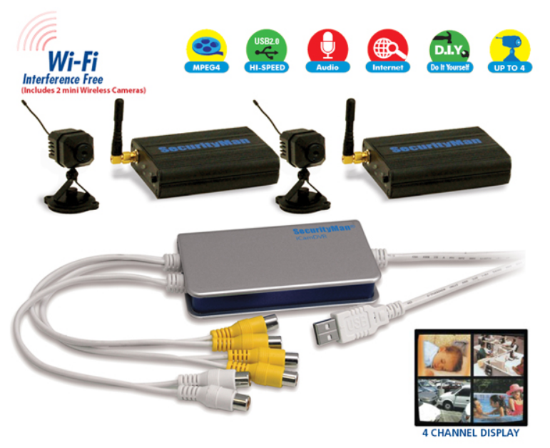 iCamDVR2 internet monitoring system with 2 wireless cameras, USB capture device, and 4-channel display showing live video fe… Main image