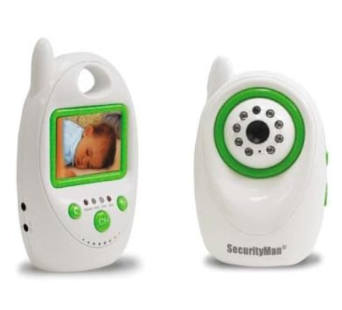 PalmWatchIII baby monitor system showing portable handheld unit with green-trimmed display screen and fixed white camera uni…