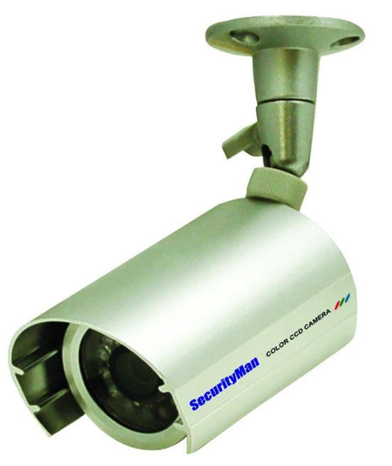 SM-306 white outdoor security camera with night vision, mounted on adjustable bracket with color CCD lens