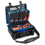 BW-114.17 black and blue tool case with shoulder strap, open to display organized compartments containing red-handled screwd…