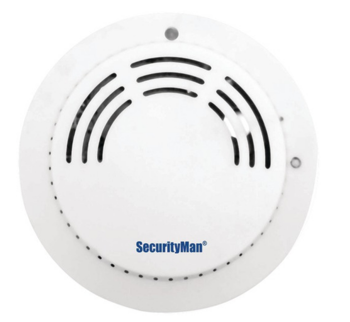 SM-93 wireless smoke sensor with white circular design and black wave pattern indicating detection capability Main image