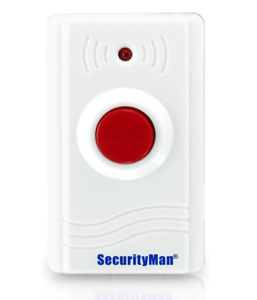 SecurityMan SM-89 wireless panic button with red center button and white surround, featuring RF signal indicators Main image
