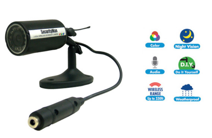 SM-302T 900MHz wireless bullet security camera with color night vision, audio, and weatherproof housing mounted on black sta… Main image