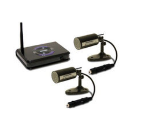 SM-202T 2.4GHz wireless surveillance system with base station receiver and two outdoor bullet cameras with stands