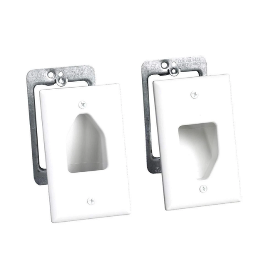 Two white single gang recessed cable plates with gray metal backing brackets for structured cabling installations