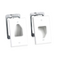 Two white single gang recessed cable plates with gray metal backing brackets for structured cabling installations