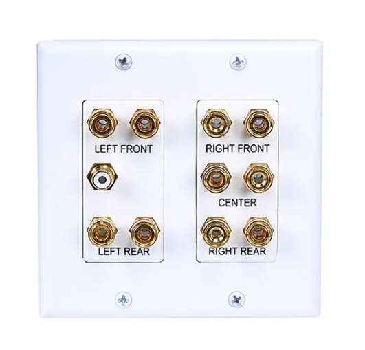 White 2-gang wall plate with gold binding post connectors for 5.1 surround sound speaker connections labeled left front, rig… Main image