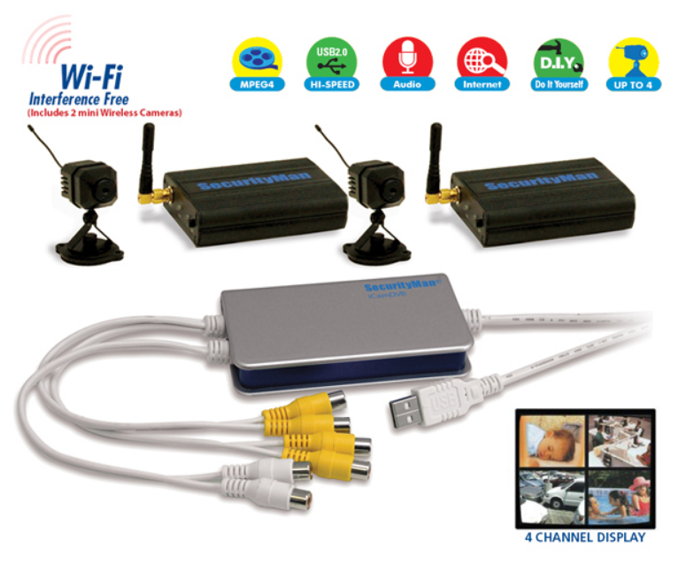 iCamDVR USB wireless camera system with dual receivers, DVR converter box, and 4-channel display monitor setup