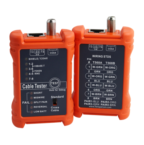PAL-1594 LAN A/V cable tester with orange housing showing shield/coax testing panel and wiring standards reference guide Main image