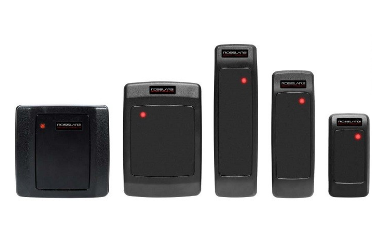 Five black Mifare smartcard contactless readers in increasing sizes with red indicator lights, displayed in a product lineup Main image