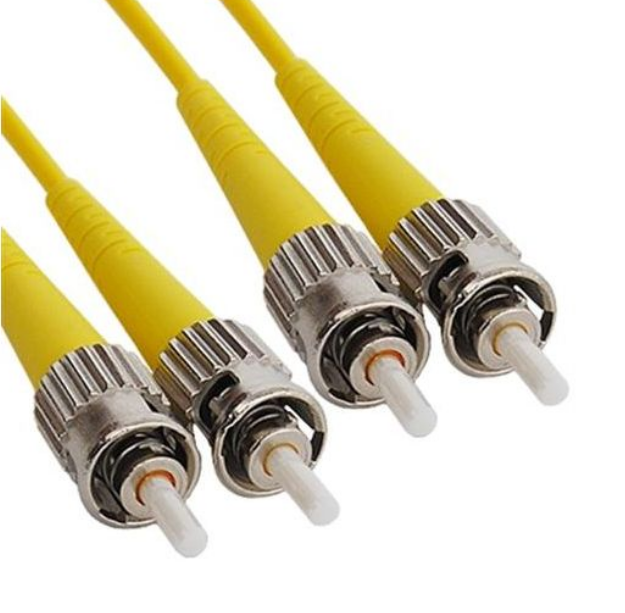 Four yellow fiber optic jumper cables with ST connectors and white ferrules, duplex single-mode configuration