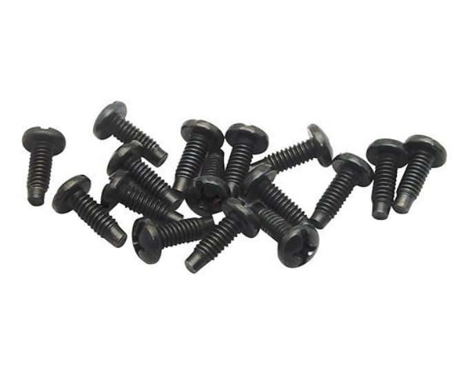 25-pack of black 12-24 5/8 inch rack screws with pan head design for server rack mounting
