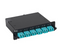 12-port LC to MPO fiber cassette with turquoise connectors in black LGX housing, labeled ports 1-12