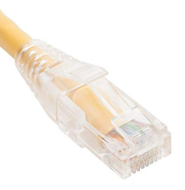 Yellow CAT5e ethernet patch cord with clear boot connector, 3 feet length, showing RJ45 connector and cable jacket