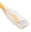 Yellow CAT5e ethernet patch cord with clear boot connector, 3 feet length, showing RJ45 connector and cable jacket