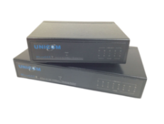 GEP-32005T-2 5-port Gigabit Ethernet switch stacked showing front panel with ports and LED indicators