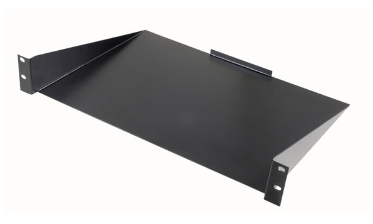 Black 2U rack mount shelf with mounting brackets, 17 inches wide by 12.5 inches deep, for server cabinet organization