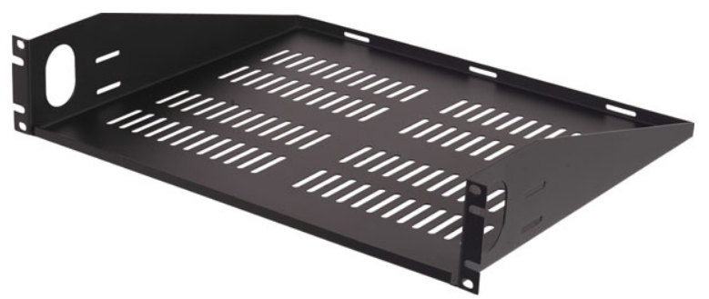 Black 2U vented rack mount shelf with ventilation slots and mounting brackets for server rack cable management