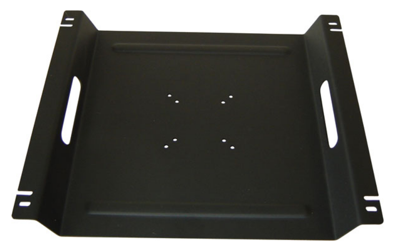 Black rack mount monitor bracket with handles and mounting holes for 10 to 23 inch displays, 9U configuration
