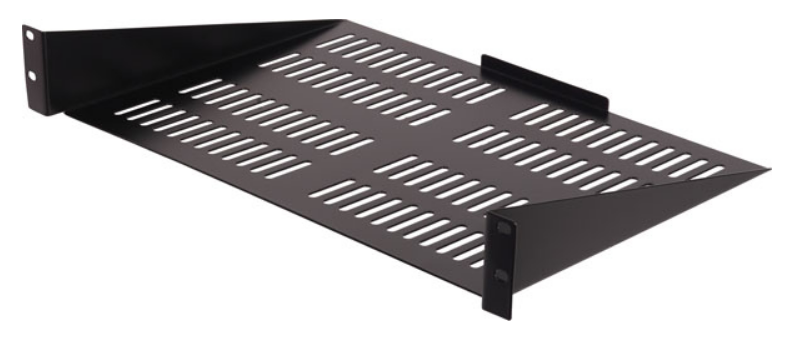 Black 2U vented rack mount shelf with horizontal ventilation slots, 17 inch width and 12.5 inch depth, featuring side mounti…