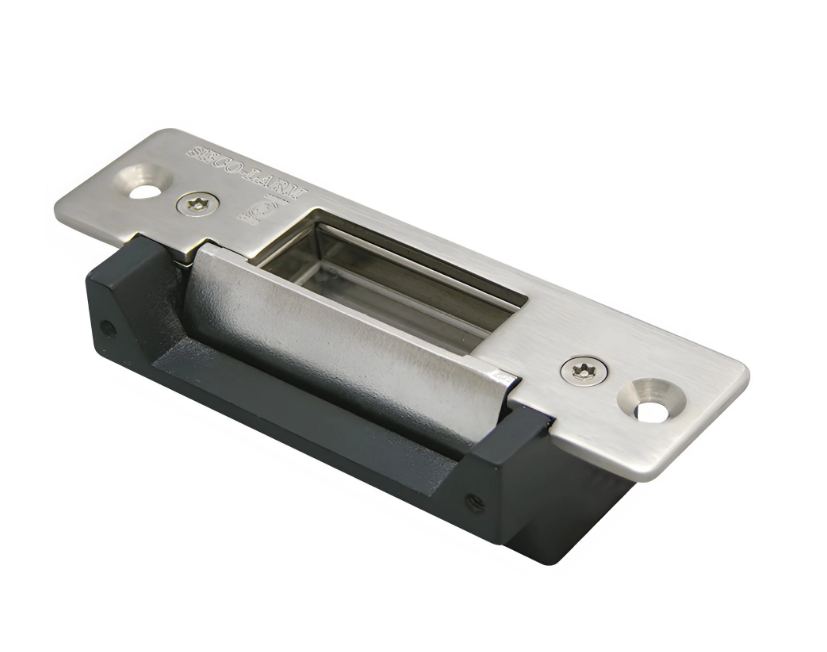 SD-995C24 electric door strike with stainless steel faceplate and black housing for metal door access control installation