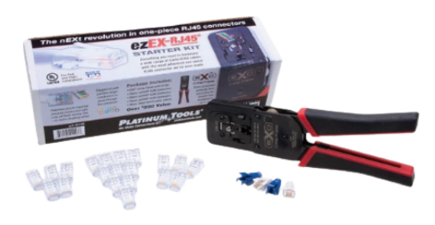 Platinum Tools ezEX-RJ45 Termination Starter Kit with crimper tool, connector assortment, and blue test connectors