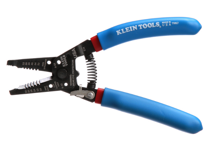 Klein Tools 11057 Klein-Kurve wire stripper and cutter with blue handles and black metal jaws, designed for network cabling …