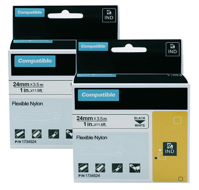 Two-pack compatible industrial nylon label tape cartridges, 24mm x 3.5m, black on white flexible nylon for DYMO 1734524