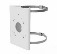 White pole mount bracket for GENSTAR thermal bullet camera with gray metal mounting bands and circular opening