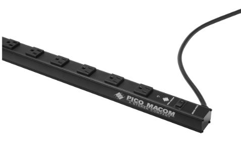 Black vertical rack mount power distribution strip with multiple outlets and attached power cord Main image