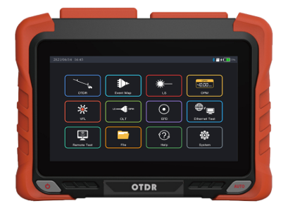 WRX5000 SM2 Series OTDR with orange rugged casing displaying touchscreen menu interface for fiber optic network testing Main image