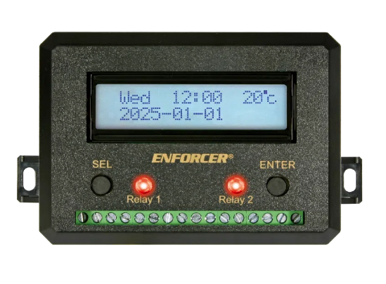 Enforcer SA-027HQ 365-day annual timer with dual relay outputs, LCD display, and green terminal block connectors