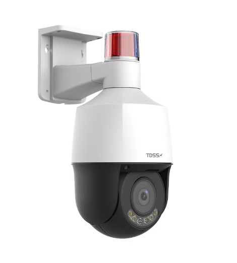 TDPTZ4MP5IRS-PD 4MP PTZ network camera with white dome housing, black base, red warning light, and wall mounting bracket