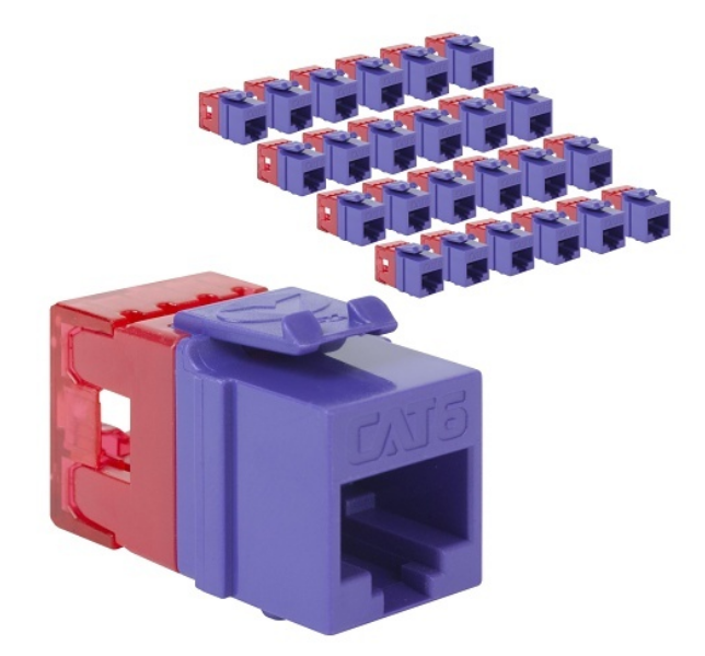ICC CAT6 keystone jack 25-pack in purple with red punch down lever and RJ45 connector, displayed with single unit and bulk s…