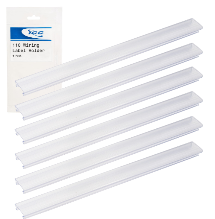 Six clear plastic 110 wiring label holders arranged in a row for cable identification on structured cabling blocks