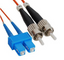 SC-ST duplex multimode fiber optic patch cable with blue SC connectors and silver ST connectors on orange jacket