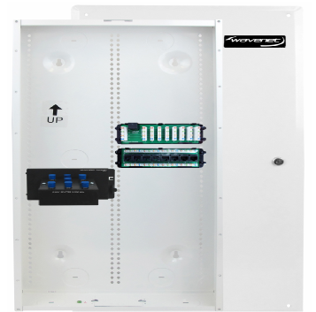 Wavenet Metal ENCLOSURE WITH HINGED DOOR & SCREW-ON OPTION, W/LOCK & KEYS, INCL 8-PORT,CAT6 DATA, 8 PORT VOICE MODULE & 6-PORT 2 GHz VIDEO SPLITTER - 28"