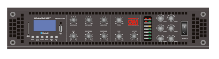 OWI 250 WATT 6 SOURCE PLUS BLUETOOTH AMPLIFIER * 6 ZONE OPTION * 70 VOLT AND 8 OHMS