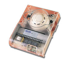 Hochiki conventional duct detector with clear protective casing showing internal sensor components and wiring