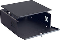 Black DVR lock box with hinged top door, fan ventilation slots, and front latch mechanism for secure video recorder storage