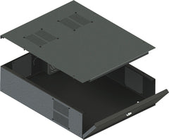 VMP low profile DVR lock box with cooling fan, showing open drawer design for secure equipment storage in network rack insta…