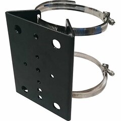 Black steel pole mount bracket with two stainless steel hose clamps for securing SiteWatch illuminators to poles