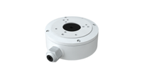 White aluminum junction box for bullet cameras with circular mounting plate and cable entry port