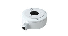 White aluminum junction box for bullet cameras with circular mounting plate and cable entry port